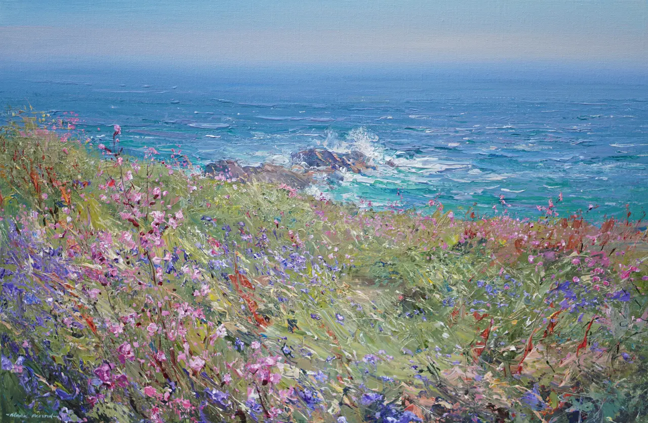 Mark Preston - red campion and bluebells, clodgy point, st ives